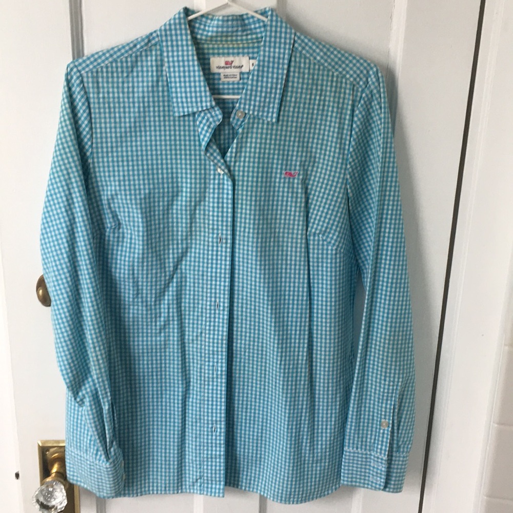 Vineyard Vines turquoise gingham button down